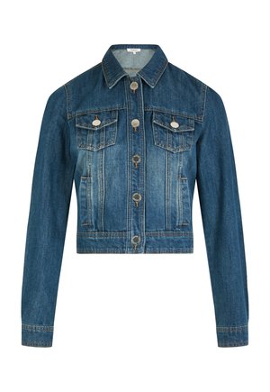 Veste en jean courte bleu moyen. Comprend deux poches poitrine, des boutons argentés et un col classique. Détails de couture classique sur toute la veste.