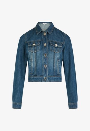 Veste en jean courte bleu moyen. Comprend deux poches poitrine, des boutons argentés et un col classique. Détails de couture classique sur toute la veste.