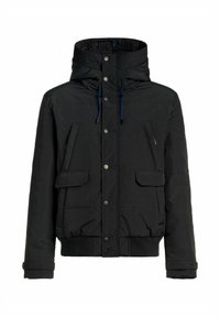 Czarna ocieplana kurtka z kapturem, z zatrzaskami, dwoma przednimi kieszeniami, elastycznymi mankietami i wzorzystym wewnętrznym kołnierzem.