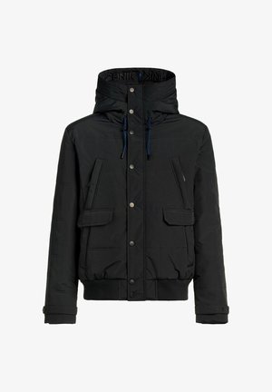 Czarna ocieplana kurtka z kapturem, z zatrzaskami, dwoma przednimi kieszeniami, elastycznymi mankietami i wzorzystym wewnętrznym kołnierzem.