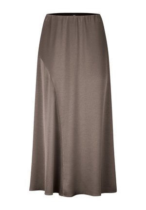 Long taupe skirt with a smooth, slightly shiny fabric and an elastic waistband, featuring an asymmetrical seam detail on the left side.