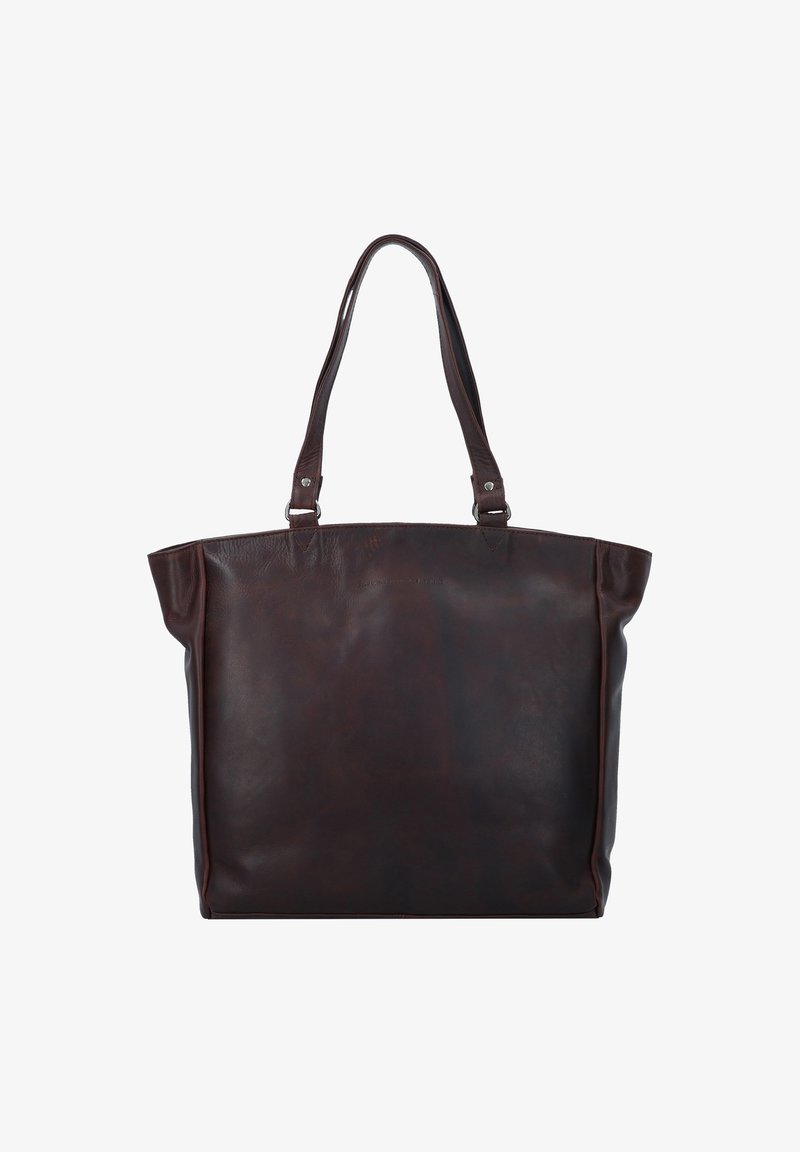 Ruskea nahkatote-laatikko, jossa on kaksi pitkää kahvaa, pehmeä rakenne, minimalistinen muotoilu ja ilman näkyviä metalliosia tai kuvioita.