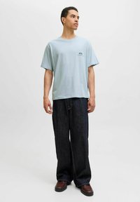 Lysblå kortærmet t-shirt med et lille grafisk print på brystet, parret med mørke vide jeans og brune sko. Glat stoftekstur.