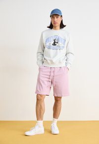 Felpa grigia con testo blu "DETROIT CARHARTT WIP," abbinata a pantaloni corti rosa. Sneakers bianche e calzini chiari completano il look.