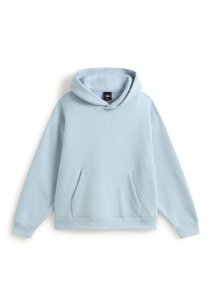 Sweat à capuche Vans bleu clair avec poche avant, manches longues et capuche attachée, présenté sur fond blanc.