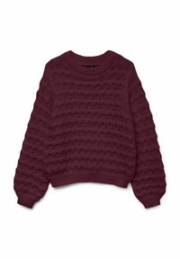 Bordo megztinis su banguota raštu, apvalia kaklo iškirpte ir raukiniais rankogaliuose bei apačioje; šiek tiek laisvas siluetas ir tekstūrinė medžiaga.