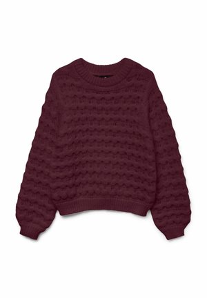 Burgundowa dzianinowa sweter z falistym wzorem, okrągłym dekoltem oraz ściągaczami przy mankietach i u dołu; lekko luźny krój i teksturowany materiał.