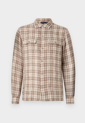 Camisa de botones en cuadros marrones y beiges. Mangas largas, dos bolsillos en el pecho con botones y cuello. Material de mezcla de algodón.