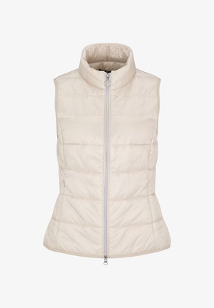 Gestepptes Weste in hellbeige, mit hohem Kragen, Frontreißverschluss und horizontalen Nähten. Glatte Textur, keine sichtbaren Taschen.