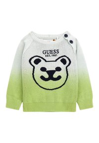 Dětský svetr s přechodem ze zelené do bílé, s černým obrázkem medvědí tváře, nápisem "GUESS EST. 1981" a dvěma černými knoflíky na jednom rameni.