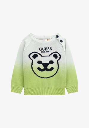 Sweter dla malucha w zielono-białym gradiencie z grafiką czarnego niedźwiedzia, napisem "GUESS EST. 1981" oraz dwoma czarnymi guzikami na jednym ramieniu.