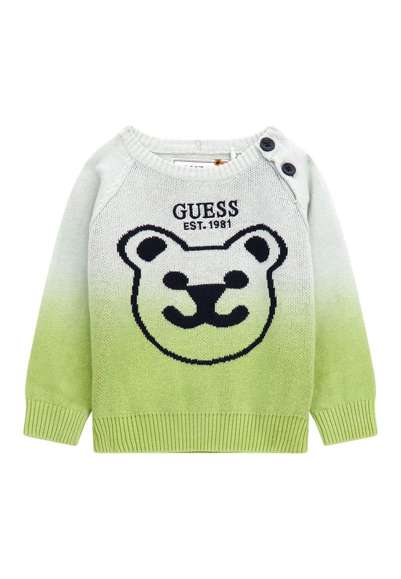 Dětský svetr s přechodem ze zelené do bílé, s černým obrázkem medvědí tváře, nápisem "GUESS EST. 1981" a dvěma černými knoflíky na jednom rameni.