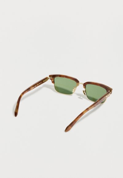 Kilpkonnamustriga raamiga päikeseprillid rohelistes läätsedes, kuldsete metallhingede ja ninasangadega, nähtud tagant valgel taustal.