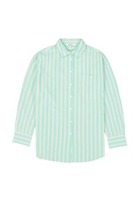 Lichtgroen overhemd met lange mouwen en knopen, voorzien van witte verticale strepen en een borstzak. Gemaakt van een gladde, lichte stof.