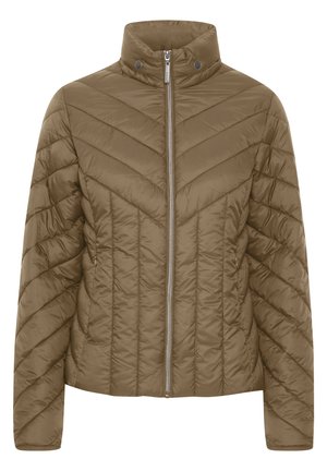 Padded jacket in olive green with a high collar, featuring a zip closure and chevron stitching pattern for added texture.