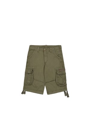 Olivenfargede cargo-shorts laget av bomull, med knappelukking, to sidelommer og to cargo-lommer med justerbare stropper.