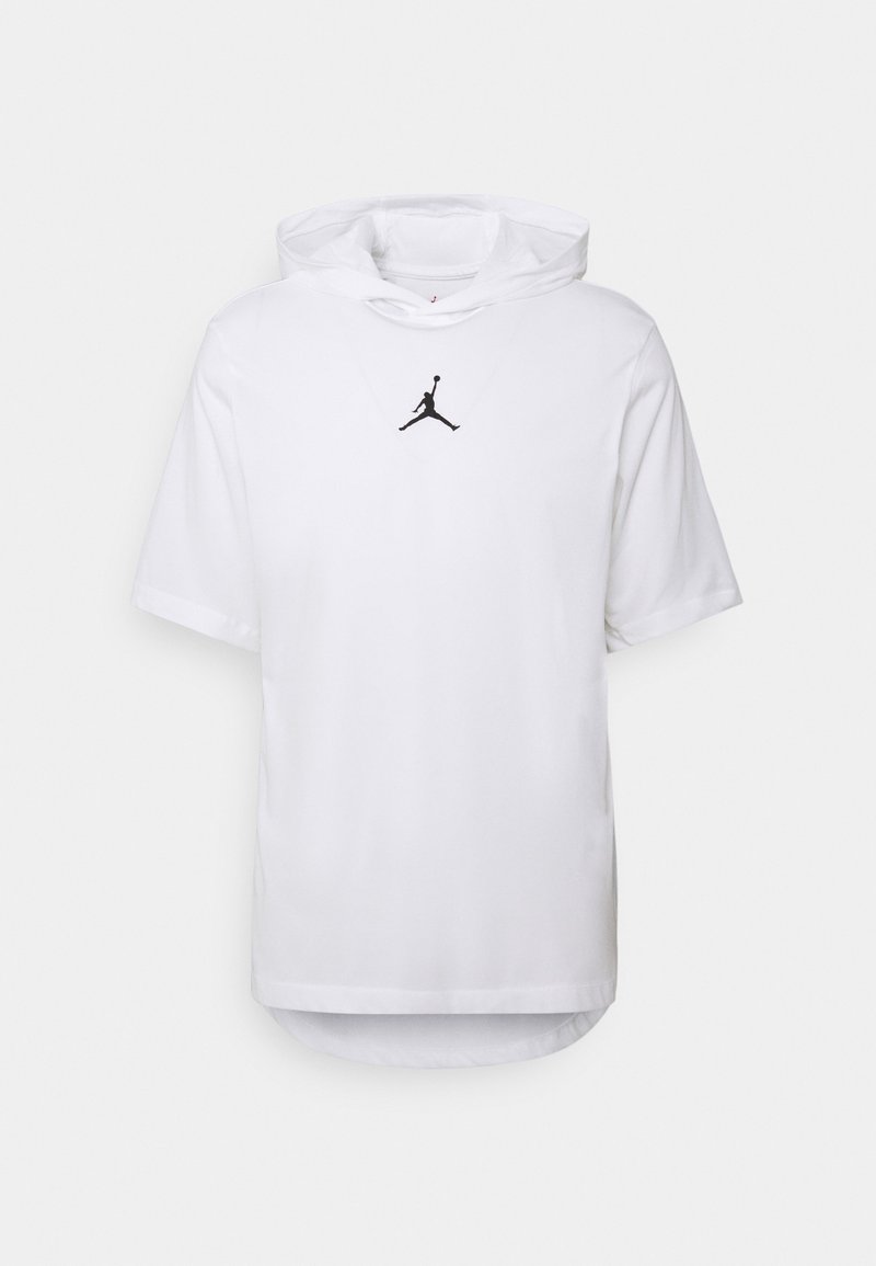 Sudadera blanca de manga corta hecha de un material suave, con un logotipo negro de Michael Jordan en el pecho y un dobladillo redondeado en la parte inferior.