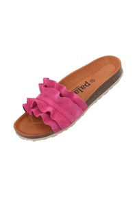 Fuchsia suede instapsandaal met een gerimpelde band, bruine binnenzool, kurkachtige buitenzool en een gestructureerd loopvlak voor grip. Merkennaam zichtbaar aan de binnenkant.