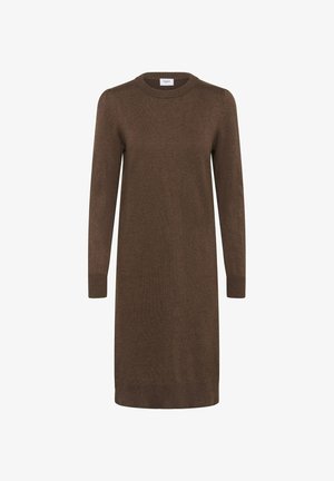 Brown knit dress featuring a round neckline, long sleeves, ribbed cuffs, and a relaxed fit, made from soft, textured fabric.