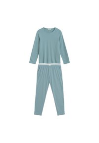 Jasnoniebieska bluzka z długim rękawem, okrągłym dekoltem i luźnym krojem, w zestawie z pasującymi spodniami piżamowymi z elastyczną talią i bocznymi kieszeniami.