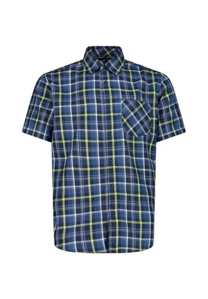 Chemise pour homme à manches courtes avec boutonnière, motif à carreaux bleu, blanc et vert, et une poche poitrine inclinée.