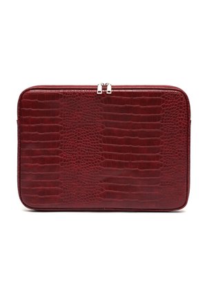 Red crocodile-embossed leather laptop case with a flat rectangular shape, zip closure, and silver-tone hardware accents. Smooth texture.