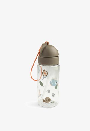 Gennemsigtig plastik drikkedunk til børn med brunt låg, orange strop, dekoreret med illustrationer af kompas, fugl, snegl, blade, poteaftryk og lejrbål.