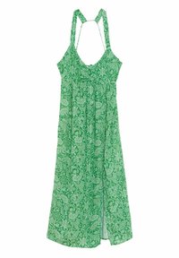 Vihreä mekko, jossa on paisley-kuvio, kevyt kangas, säädettävät olkaimet ja virtaava muotoilu, jossa on pieni halkio.