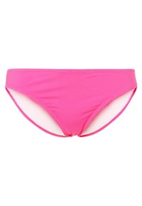 Rosa Bikini-Höschen aus glattem, elastischem Material. Es hat einen klassischen Schnitt mit dünnen Seiten und minimaler Abdeckung. Keine sichtbaren Muster oder Akzente.