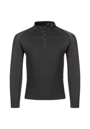 Schwarzer Langarmpullover mit einem Reißverschluss am Stehkragen, versehen mit strukturierten Schulterpanels und gerippten Ärmeln für zusätzliche Details.