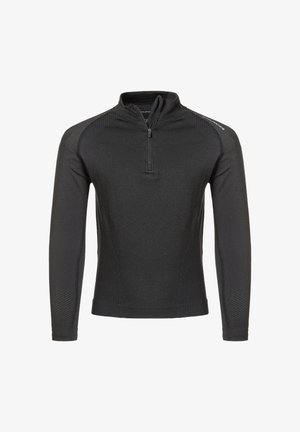 Zwarte langekleurige pullover met een ritssluiting en een hoge kraag, met gestructureerde schouderpanelen en ribbelmouwen voor extra detail.