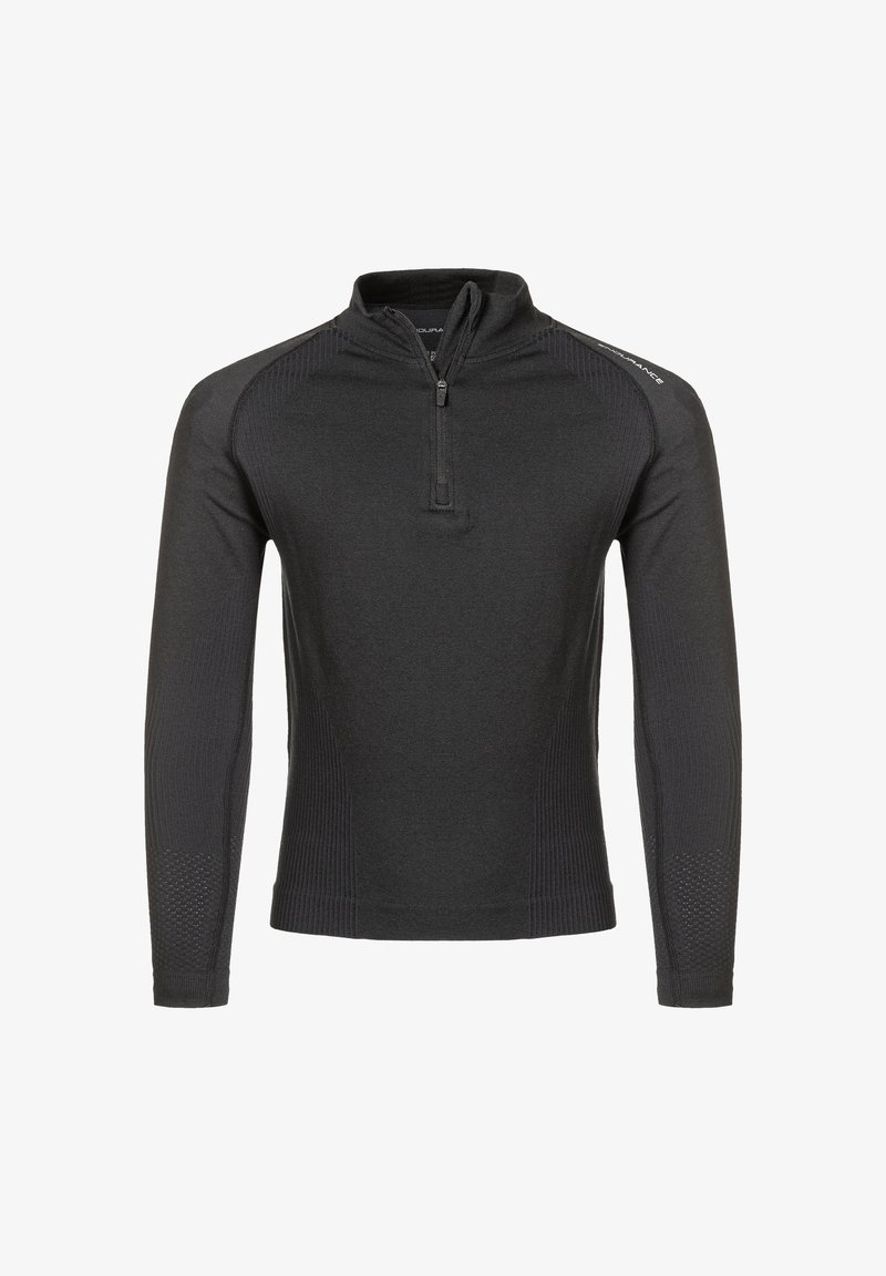 Pull noir à manches longues avec col montant zippé, comportant des panneaux d'épaule texturés et des manches côtelées pour plus de détails.