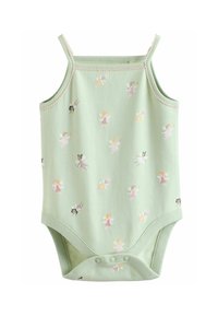 Lichtgroen bodysuit met een feeënpatroon. Dunne bandjes, een ronde halslijn en drukknoopsluitingen onderaan. Zacht, katoenen materiaal.