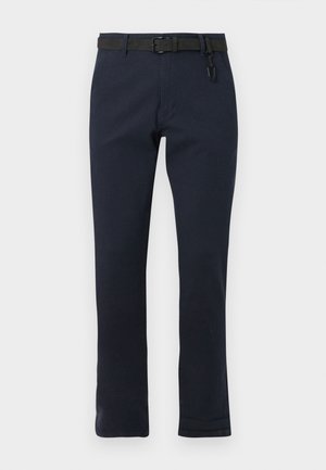 Pantaloni blu navy con taglio dritto, realizzati in tessuto resistente. Presentano una cintura nera e un design semplice senza motivi.