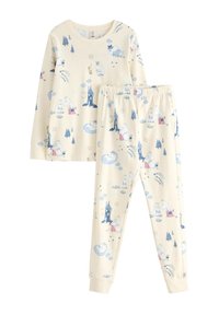 Kremowy komplet piżamowy z długim rękawem i spodniami, ozdobiony bajkowym niebiesko-białym nadrukiem Moominów, w tym chmurami, drzewami i latarnią morską.