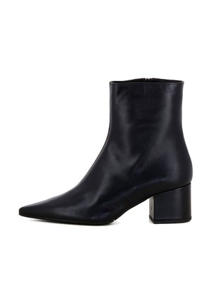 Black leather ankle boot with pointed toe and block heel, side zipper, smooth finish, shown from outer side on a white background.