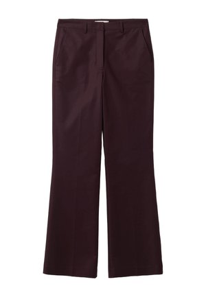 Pantaloni marrone scuro a gamba dritta con passanti per cintura e tasche laterali, mostrati distesi su sfondo bianco.