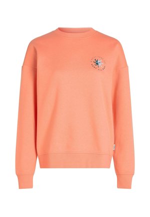 Sweatshirt in perzikkleur met een ronde hals, losse pasvorm en geribbelde zoom. Voorzien van een grafisch logo op de linkerborst. Zachte textuur.