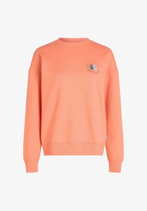 Mikina broskyňovej farby s okrúhlym výstrihom, voľným strihom a žebrovaným lemom. Na ľavej strane na hrudi je grafické logo. Mäkká textúra.