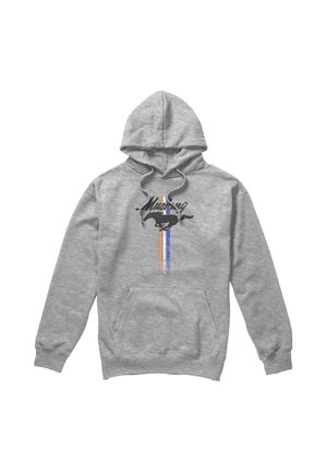 Gray hooded sweatshirt with a black mustang horse graphic and vertical blue and orange stripes on front, featuring a front pouch pocket.