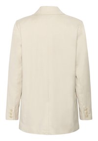 Beige blazer med en slät yta, klassisk krage och långa ärmar. Har fyra knappar på varje ärm och en rak baksida.