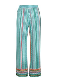 Patroonrijke brede broek in turquoise, met zigzagstrepen in roze, groen en rood. Zacht stof met een gestructureerde afwerking.