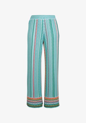 Turbāna krāsas bikses ar plašiem piegriezumiem un zīda joslām rozā, zaļā un sarkanā krāsā. Mīksta auduma ar teksturētu apdari.