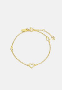 Pulsera de metal dorado con una delicada cadena y múltiples eslabones en forma de corazón. Longitud ajustable con cierre de langosta.