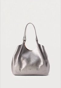 Metallic silver handbag made of textured leather with a curved shape, featuring two sturdy handles and a smooth interior. No visible hardware.