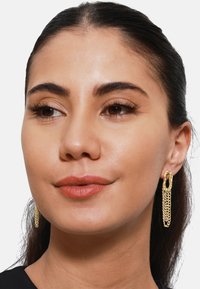 Orecchini in oro con un design a catena, dotati di un anello ovale allungato in cima e filamenti di catena a cascata, per un aspetto tattilo.