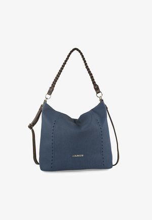 Bolso hobo azul marino hecho de tela texturada, con una correa trenzada, costuras decorativas y un acento de logo plateado.
