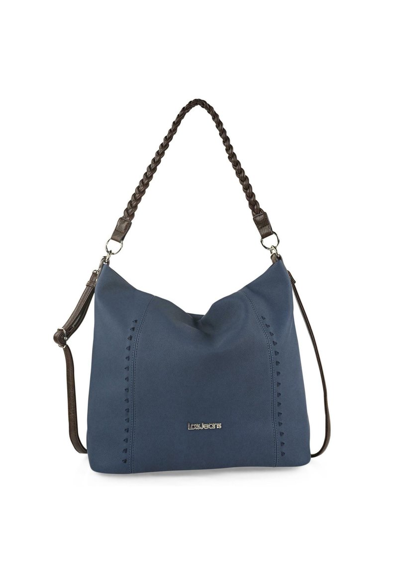 Bolso hobo azul marino hecho de tela texturada, con una correa trenzada, costuras decorativas y un acento de logo plateado.