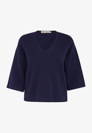 Tamsiai mėlynas trumpas rankovėmis megztinis su V formos iškirpte, pagamintas iš minkštos mezginio medžiagos. Paprasta, laisva forma be matomų raštų ar puošmenų.