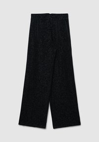Pantaloni a gamba larga neri con una finitura testurizzata e un sottile motivo a pois. Vita elastica e senza tasche o chiusure visibili.